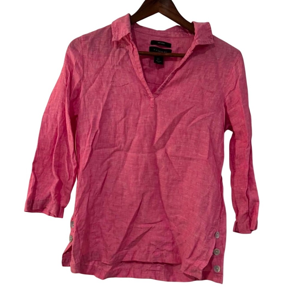 Tahari Linen Tunic Top Womens Small Pink Excellent V-Neck 3/4 Sleeve Button Side